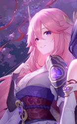Rule 34 | 2girls, animal ears, blush, breasts, bridal gauntlets, cleavage, cosplay, fox ears, genshin impact, grin, hair ornament, japanese clothes, kimono, large breasts, lightria, long hair, long sleeves, looking at viewer, multiple girls, obi, off shoulder, out of frame, pink hair, purple eyes, purple kimono, raiden shogun, raiden shogun (cosplay), sash, shrug (clothing), sidelocks, smile, solo focus, very long hair, wide sleeves, yae miko