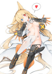 Rule 34 | 1girl, absurdres, animal ears, barcode, barcode tattoo, blonde hair, blue eyes, breasts, girls&#039; frontline, h&amp;k g41, hansal, heterochromia, highres, korean text, long hair, looking at viewer, mechanical arms, midriff, navel, red eyes, small breasts, tattoo, thighhighs, very long hair, white thighhighs