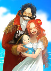 Rule 34 | 1girl, 2boys, alternate universe, baby, bib, black hair, carrying, dress, facial hair, family, father and son, flower, freckles, gol d. roger, good end, grin, hair flower, hair ornament, happy, hat, hibiscus, hug, husband and wife, kny (puranaria002), long hair, multiple boys, mustache, ocean, one piece, pirate, portgas d. ace, portgas d. rouge, puranaria002, red hair, smile, spoilers, standing, time paradox, white dress, aged down