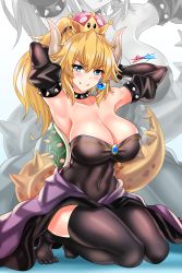 Rule 34 | 1girl, absurdres, armlet, armpits, arms behind head, arms up, bare shoulders, black dress, black thighhighs, blonde hair, blue eyes, blush, borrowed design, bowsette, bracelet, breasts, brooch, cleavage, closed mouth, collar, collarbone, covered navel, crown, detached sleeves, dress, earrings, fangs, hair between eyes, highres, horns, jewelry, kneeling, large breasts, long hair, looking at viewer, mario (series), new super mario bros. u deluxe, nez-box, nintendo, ponytail, sidelocks, signature, smile, solo, spiked bracelet, spiked collar, spikes, super crown, tail, thighhighs, thighs, turtle shell