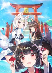 Rule 34 | 3girls, :d, ;), akagi (azur lane), animal ear fluff, animal ears, azur lane, bad id, bad pixiv id, black hair, blue eyes, blue skirt, blue sky, blunt bangs, blush, breasts, brown eyes, brown hair, brown kimono, cat ears, closed mouth, cloud, commentary request, day, fang, fox ears, fox mask, fox tail, highres, horizon, japanese clothes, kaga (azur lane), kimono, kitsune, large breasts, long hair, long sleeves, mask, mask on head, multiple girls, ocean, one eye closed, open mouth, outdoors, parted lips, pleated skirt, red eyes, red skirt, short hair, silver hair, skirt, sky, smile, tail, torii, very long hair, wading, water, white kimono, wide sleeves, yamashiro (azur lane), yayoichi (yoruyoru108)