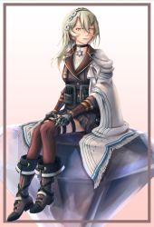 Rule 34 | 1girl, black choker, black gloves, black hairband, black thighhighs, blonde hair, blush, boots, breasts, brown footwear, cape, chamomile, choker, flower, full body, girls&#039; frontline, gloves, hair flower, hair ornament, hairband, haonfest, hexagram, highres, jacket, jewelry, long hair, long sleeves, looking at viewer, mouth hold, necklace, open mouth, parted lips, simple background, sitting, small breasts, solo, star (symbol), star necklace, star of david, teeth hold, thighhighs, uniform, white cape, x95 (girls&#039; frontline), yellow eyes