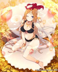 Rule 34 | 10s, 1girl, anklet, bangle, barefoot, benio (dontsugel), bikini, black bikini, blonde hair, blue eyes, bracelet, breasts, clam shell, cleavage, front-tie top, hair ornament, jewelry, large breasts, long hair, navel, nmaaaaa, official art, one eye closed, shell, sitting, solo, swimsuit, wariza, wixoss