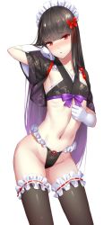 Rule 34 | 1girl, armpits, black hair, black thighhighs, blunt bangs, collarbone, commentary request, copyright request, cowboy shot, flat chest, frills, gloves, gradient hair, groin, hair ornament, head tilt, headdress, highres, kageshio (276006), long hair, looking at viewer, multicolored hair, navel, purple hair, purple ribbon, red eyes, revealing clothes, ribbon, simple background, solo, standing, stomach, thighhighs, very long hair, white background, white gloves