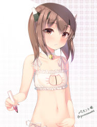 Rule 34 | 10s, 1girl, artist name, bell, blush, body writing, breast conscious, breasts, brown eyes, brown hair, cat cutout, cat lingerie, cleavage, cleavage cutout, clothing cutout, collarbone, flat chest, hair between eyes, headband, headgear, highres, jingle bell, kantai collection, looking at viewer, marker, meme attire, navel, paint musume, panties, parted lips, short hair, side-tie panties, small breasts, solo, stomach, sweatdrop, taihou (kancolle), underwear, underwear only