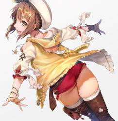 Rule 34 | 1girl, ass, atelier (series), atelier ryza, atelier ryza 1, brown eyes, brown gloves, brown hair, brown thighhighs, commentary request, from behind, gloves, grey background, hair ornament, hairclip, hat, highres, looking at viewer, looking back, open mouth, outstretched arms, red shorts, reisalin stout, revision, short hair, short shorts, shorts, simple background, single glove, solo, tarantulaines, teeth, thighhighs, thighs, upper teeth only, white hat, white thighhighs
