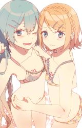 Rule 34 | 2girls, :3, ;d, absurdres, aqua eyes, aqua hair, asymmetrical docking, bare arms, bare shoulders, blonde hair, blush, bra, breast press, breast tattoo, breasts, chest tattoo, collarbone, earrings, flat chest, frilled bra, frills, hair ornament, hairclip, hand on another&#039;s hip, hand on another&#039;s waist, hatsune miku, highres, jam (zamuchi), jewelry, kagamine rin, lace, lace-trimmed bra, lace-trimmed panties, lace trim, lingerie, long hair, looking at viewer, midriff, multiple girls, navel, one eye closed, open mouth, panties, petite, short braid, short hair, small breasts, smile, tattoo, twintails, underwear, very long hair, vocaloid, yuri