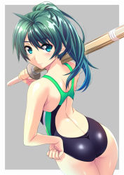 Rule 34 | 1girl, aqua eyes, ass, back, bare shoulders, competition swimsuit, from behind, green hair, hand on own hip, nagayori, one-piece swimsuit, over shoulder, ponytail, saegusa wakaba, shinai, solo, swimsuit, sword, sword over shoulder, vividred operation, weapon, weapon over shoulder