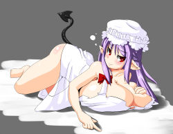 Rule 34 | 1girl, breast press, breasts, breasts squeezed together, demon tail, female focus, gigantic breasts, hat, highres, long hair, lying, pointy ears, purple hair, red eyes, simple background, solo, tail, umigarasu (magipro)