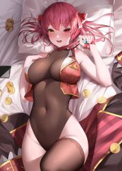 Rule 34 | 1girl, :d, absurdres, bed sheet, blush, breasts, brown leotard, brown thighhighs, cellphone, cleavage, coin, dodari, gold coin, hair ribbon, heterochromia, highres, hololive, houshou marine, jacket, knee up, large breasts, leotard, looking at viewer, lying, on back, open clothes, open jacket, open mouth, phone, pillow, red eyes, red hair, red jacket, red ribbon, ribbon, sleeveless, sleeveless jacket, smartphone, smile, solo, thighhighs, virtual youtuber, yellow eyes