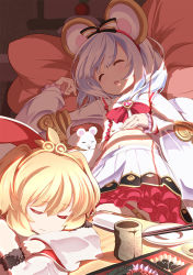 Rule 34 | 2girls, :3, andira (granblue fantasy), animal ears, asakura masatoki, blonde hair, bow, bowtie, brooch, chopsticks, closed eyes, commentary request, crossed arms, cup, detached sleeves, flat chest, granblue fantasy, hair between eyes, hairband, heart, heart brooch, indoors, jewelry, layered skirt, long sleeves, lying, mouse (animal), mouse ears, multiple girls, navel, on back, open mouth, pillow, plate, red neckwear, shirt, short hair, silver hair, skirt, sleeping, swept bangs, table, vikala (granblue fantasy), white shirt, white skirt