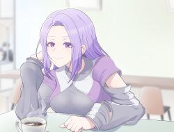 1girl breasts chair cup kyoumu_(mgcmkyomu) large_breasts leaning_on_table long_hair looking_at_viewer magicami purple_eyes purple_hair sidelocks smile sodeshiro_seira table