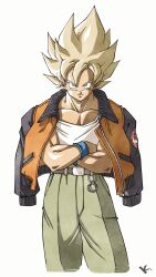 Rule 34 | 1boy, blonde hair, cowboy shot, crossed arms, dragon ball, dragonball z, green eyes, green pants, highres, jacket, jacket on shoulders, kakeru (dbskakeru), looking at viewer, male focus, medium hair, muscular, muscular male, official alternate costume, orange jacket, pants, shirt, simple background, solo, son goku, spiked hair, super saiyan, super saiyan 1, white background, white shirt