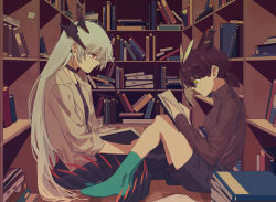 Rule 34 | 2girls, aqua socks, arknights, bad id, bad pixiv id, black choker, black necktie, black shorts, book, bookshelf, brown hair, brown sweater, choker, closed mouth, commentary, dragon horns, dragon tail, earclip, feather hair, full body, glasses, hair behind ear, highres, holding, holding book, horns, indoors, long hair, long sleeves, looking at another, multiple girls, necktie, on floor, orange eyes, profile, reading, saria (arknights), shirt, short ponytail, shorts, silence (arknights), silver hair, sitting, sleeves rolled up, socks, sweater, symbol-only commentary, tail, turtleneck, turtleneck sweater, white shirt, yellow eyes, zy (zyyyyyyy9)