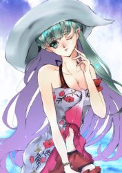 Rule 34 | 10s, 1girl, bare shoulders, bikini, blue eyes, breasts, cleavage, hat, lailah (tales), lips, long hair, midriff, navel, one eye closed, open mouth, silver hair, skirt, swimsuit, tales of (series), tales of zestiria, very long hair