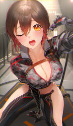 Rule 34 | 1girl, ;o, android, arm up, black hair, blush, breasts, brown eyes, cable, camouflage, camouflage jacket, chest belt, cleavage, commentary request, cropped jacket, cropped sweater, electrical outlet, gloves, highres, holding, holding cable, hololive, jacket, kakage, kneeling, large breasts, looking at viewer, mechanical arms, midriff, multicolored hair, navel, one eye closed, open mouth, red hair, revision, roboco-san, roboco-san (1st costume), robot, science fiction, short hair, solo, teeth, tongue, tongue out, two-tone hair, upper teeth only, virtual youtuber, yellow eyes, zipper pull tab