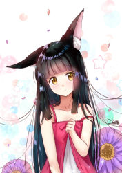 Rule 34 | 1girl, alternate costume, animal ears, azur lane, babydoll, black hair, blunt bangs, casual, clenched hand, collarbone, commentary request, eyes visible through hair, floral background, flower, fox ears, head tilt, long hair, looking at viewer, m ko (maxft2), nagato (azur lane), petals, sidelocks, signature, solo, yellow eyes