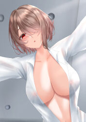 Rule 34 | 1girl, absurdres, blush, breasts, brown hair, cleavage, collarbone, collared shirt, covered erect nipples, from below, hair over one eye, highres, honkai (series), honkai impact 3rd, large breasts, long sleeves, match (scp115), mole, mole under eye, navel, open clothes, open shirt, red eyes, rita rossweisse, shirt, short hair, solo, white shirt