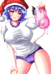 Rule 34 | 1girl, alternate costume, blue eyes, blue hair, blush, breasts, buruma, cameltoe, collarbone, cowboy shot, doremy sweet, dream soul, gluteal fold, gym uniform, hat, highres, large breasts, looking at viewer, matching hair/eyes, nightcap, parted lips, puffy short sleeves, puffy sleeves, shirt, short hair, short sleeves, smile, smug, solo, tail, tapir tail, taut clothes, taut shirt, touhou, zan (harukahime)