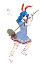 Rule 34 | 1girl, absurdres, animal ears, bloomers, blue dress, blue hair, bobby socks, commentary, crescent, derivative work, dress, earclip, eyelashes, fighting stance, frilled sleeves, frills, full body, highres, kine, korean commentary, kuya (hey36253625), legacy of lunatic kingdom, mallet, medium hair, mixed-language commentary, no shoes, open mouth, rabbit ears, rabbit girl, red eyes, seiran (touhou), short sleeves, simple background, socks, star (symbol), touhou, translated, underwear, white background, white bloomers, white socks