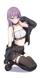 Rule 34 | 1girl, armpit crease, artist name, bandeau, bare shoulders, black choker, black footwear, black garter straps, black skirt, black straps, black sweater, black thighhighs, blush, breasts, choker, collarbone, commentary, dot nose, ear piercing, earrings, full body, garter straps, hair behind ear, hair between eyes, hair lift, hand in own hair, hand up, heart, highres, jewelry, kaetzchen, kneeling, licking lips, long hair, looking at viewer, medium breasts, miniskirt, misaki (kaetzchen), navel, off shoulder, original, piercing, pleated skirt, pointy ears, purple eyes, purple hair, shadow, simple background, single garter strap, skindentation, skirt, sleeves past wrists, solo, sweater, symbol-only commentary, thick eyelashes, thigh strap, thighhighs, tongue, tongue out, underbust, white background, white bandeau