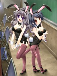 Rule 34 | 2girls, animal ears, arched back, ass, back-to-back, bare shoulders, black hair, blush, bow, bowtie, breast hold, breasts, chair, chalkboard, classroom, cleavage, crossed arms, curly hair, detached collar, fake animal ears, female focus, fishnet pantyhose, fishnets, game cg, grey hair, hair ribbon, happy, high heels, highres, interlocked fingers, koiiro soramoyou, leg lift, leg up, legs, leotard, long hair, looking at viewer, looking back, lucie, mole, mounai kiyomi, multiple girls, open mouth, orange eyes, pantyhose, playboy bunny, purple eyes, rabbit ears, rabbit tail, ribbon, school, serious, shadow, shoes, short hair, shy, smile, standing, standing on one leg, sunlight, table, tail, thighhighs, utsumi shizuna, v arms, window, wrist cuffs
