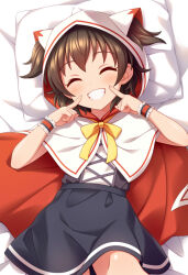 1girl akagi_miria animal_ear_hood animal_ears animal_hood bed_sheet black_skirt blush brown_hair cloak closed_eyes commentary_request facing_viewer fake_animal_ears fuu_(koneko_no_yomeiri) grin hands_up hood hood_up hooded_cloak idolmaster idolmaster_cinderella_girls lying on_back pillow ribbon short_hair skirt smile solo two_side_up white_cloak wrist_cuffs yellow_ribbon