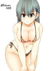 Rule 34 | 1girl, alternate costume, aqua hair, bare shoulders, bikini, breasts, cleavage, collarbone, cowboy shot, green eyes, hair ornament, hairclip, kantai collection, large breasts, long hair, looking at viewer, navel, one-hour drawing challenge, rokuren669, smile, solo, suzuya (kancolle), swimsuit, twitter username