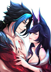Rule 34 | 1boy, 1girl, ahri (league of legends), animal ears, armor, bare shoulders, black hair, blue hair, breasts, cleavage, closed mouth, collarbone, colored skin, eye contact, facial mark, fox ears, fox girl, highres, kayn (league of legends), large breasts, league of legends, long hair, looking at another, multicolored hair, myra (floralmyra), red skin, shoulder armor, simple background, smile, two-tone hair, whisker markings, white background