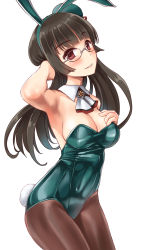 Rule 34 | 1girl, animal ears, arm behind back, armpits, bare shoulders, beret, black gloves, black hair, blue leotard, blush, bow, bowtie, breasts, choukai (kancolle), choukai kai ni (kancolle), cleavage, detached collar, fake animal ears, glasses, gloves, hand on own chest, hat, highres, kantai collection, leotard, looking at viewer, medium breasts, minase (takaoka nanase), pantyhose, playboy bunny, rabbit ears, rabbit tail, red eyes, rimless eyewear, solo, strapless, strapless leotard, tail, wrist cuffs