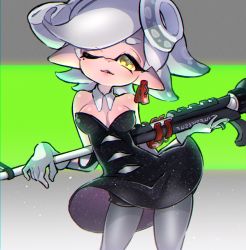 Rule 34 | + +, 1girl, artist name, breasts, collar, commentary, cowboy shot, detached collar, dress, earrings, food, food on head, gloves, grey hair, grey pantyhose, holding, holding behind back, holding weapon, inkling, jewelry, leaning to the side, light particles, lips, looking at viewer, marie (splatoon), mask, medium breasts, mole, mole under eye, nintendo, object on head, one eye closed, pantyhose, pantyhose under shorts, parted lips, pointy ears, short dress, short hair, short jumpsuit, shorts, shorts under dress, signature, smile, solo, splat charger (splatoon), standing, strapless, tentacle hair, ueda kou, weapon, white collar, white gloves