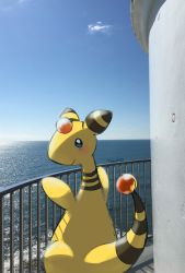 Rule 34 | ampharos, blue eyes, blush, closed mouth, cloud, commentary request, creatures (company), day, fence, game freak, gen 2 pokemon, looking at viewer, looking back, nintendo, no humans, outdoors, photo background, pokemon, pokemon (creature), signature, sky, smile, solo, standing, tansho, water