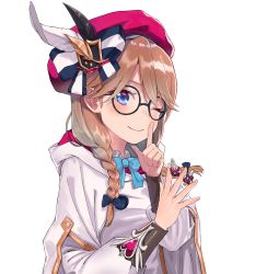 Rule 34 | 1girl, absurdres, ayul (ayulneri 92), beret, black-framed eyewear, blue bow, blue bowtie, blue eyes, blush, bow, bowtie, braid, brown hair, closed mouth, feathers, finger to mouth, glasses, hair bow, hands up, hat, highres, holding, hood, hood down, index finger raised, long hair, looking at viewer, noa (seven knights), one eye closed, pink hat, robe, round eyewear, seven knights, shushing, simple background, smile, solo, upper body, white background, wing collar