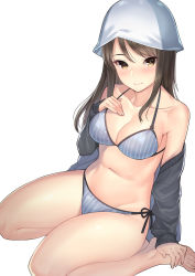 Rule 34 | 10s, 1girl, bare shoulders, barefoot, bikini, black jacket, blue hat, breasts, brown eyes, brown hair, collarbone, girls und panzer, grey bikini, hat, highres, jacket, kagematsuri, keizoku military uniform, lips, long hair, looking at viewer, medium breasts, mika (girls und panzer), military, military uniform, navel, off shoulder, open clothes, open jacket, side-tie bikini bottom, simple background, sitting, smile, solo, striped bikini, striped clothes, swimsuit, uniform, vertical-striped bikini, vertical-striped clothes, wariza, white background