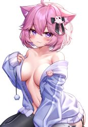 Rule 34 | 1girl, :3, ahoge, animal ear fluff, animal ears, bare shoulders, black ribbon, black thighhighs, blue jacket, blush, breasts, cat ears, cat ornament, closed mouth, deaver, eyepatch, hair between eyes, hair ornament, hair ribbon, heart, heart eyepatch, highres, jacket, large breasts, looking at viewer, naked jacket, navel, nyatasha nyanners, pink hair, purple eyes, ribbon, short hair, simple background, smile, solo, symbol-only commentary, thighhighs, virtual youtuber, vshojo, white background
