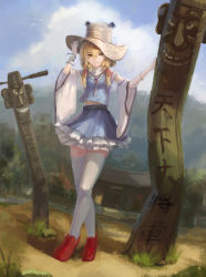 Rule 34 | 1girl, absurdres, adapted costume, bird, blonde hair, blue sky, bracelet, brooch, cloud, crossed legs, day, detached sleeves, forest, frilled skirt, frills, full body, hair ribbon, highres, jewelry, loafers, looking at viewer, mag (huangmag), md5 mismatch, midriff, miniskirt, moriya shrine, moriya suwako, mountain, nature, outdoors, red footwear, resolution mismatch, ribbon, ribbon-trimmed sleeves, ribbon trim, shoes, shrine, skirt, sky, smile, snake, solo, source smaller, standing, thighhighs, totem, touhou, tress ribbon, turtleneck, white thighhighs, yellow eyes, zettai ryouiki