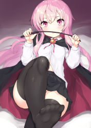 Rule 34 | 1girl, bed sheet, black cape, black skirt, black thighhighs, blush, cape, collared shirt, commentary request, dress shirt, feet, groin, highres, holding, hood, hood down, hooded cape, leg up, long sleeves, looking at viewer, louise francoise le blanc de la valliere, lying, no shoes, ochinsama, on back, parted lips, pleated skirt, riding crop, shirt, skirt, solo, thighhighs, toes, white shirt, zero no tsukaima