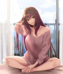 Rule 34 | 1girl, alternate costume, bare legs, bare shoulders, barefoot, bed, blurry, breasts, casual, contemporary, depth of field, dress, fate/grand order, fate (series), full body, indian style, indoors, large breasts, long hair, looking at viewer, on bed, open window, pink eyes, purple hair, red eyes, scathach (fate), scathach (fate), shoukaki (earthean), sitting, smile, solo, sweater, sweater dress, thighs, window