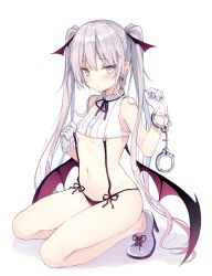 Rule 34 | 1girl, black panties, blush, breasts, buttons, center frills, commentary request, crop top, cuffs, demon girl, demon wings, eve-chan, frills, full body, gloves, handcuffs, highres, kneeling, long hair, looking at viewer, navel, neck ribbon, original, panties, purple eyes, ribbon, rurudo, shirt, shoes, simple background, sitting, skytube, sleeveless, sleeveless shirt, small breasts, solo, twintails, underboob, underwear, very long hair, white background, white gloves, white shirt, wings