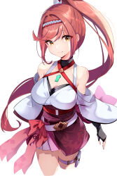 Rule 34 | absurdres, bare shoulders, breasts, brown eyes, chest jewel, cleavage, core crystal (xenoblade), detached collar, detached sleeves, fingerless gloves, gem, glimmer (xenoblade), gloves, hair ornament, high ponytail, highres, japanese clothes, kimono, large breasts, obi, ponytail, red hair, risumi (taka-fallcherryblossom), sash, sidelocks, simple background, smile, solo, swept bangs, thigh strap, tiara, white kimono, wide sleeves, xenoblade chronicles (series), xenoblade chronicles 3, xenoblade chronicles 3: future redeemed