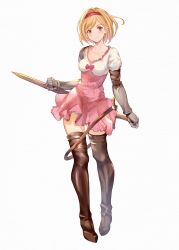 Rule 34 | 1girl, absurdres, blonde hair, boots, breasts, brown eyes, djeeta (granblue fantasy), dress, gauntlets, granblue fantasy, hairband, highres, looking at viewer, pink hairband, shiroyu, short hair, solo, sword, thigh boots, weapon