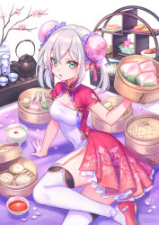 Rule 34 | 1girl, absurdres, arm support, bamboo steamer, baozi, breasts, bun cover, cherry blossoms, chinese clothes, chinese spoon, commentary request, cup, double bun, dress, floral print, food, food focus, green eyes, hair between eyes, hair bun, highres, holding, kettle, looking at viewer, medium hair, original, petals, red dress, red footwear, rose print, shoes, short sleeves, silver hair, sitting, small breasts, solo, suzaku (zaku6584), thighhighs, tsurime, white thighhighs, yunomi