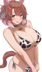 Rule 34 | 1girl, alternate costume, animal ears, animal print, bare arms, bare shoulders, bell, bikini, breasts, brown hair, cleavage, commentary request, cow print, cow print bikini, dantsu flame (umamusume), ear covers, ear ornament, enumiyaa, highres, horse ears, horse girl, horse tail, large breasts, multicolored hair, navel, neck bell, open mouth, print bikini, simple background, smile, solo, streaked hair, sweat, swimsuit, tail, umamusume, upper body, white background, white hair, yellow eyes