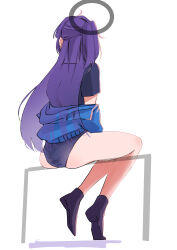 Rule 34 | 1girl, absurdres, ass, back, blue archive, buruma, halo, highres, jacket, long hair, off shoulder, purple hair, simple background, sitting, solo, white background, yurishima shiro, yuuka (blue archive), yuuka (track) (blue archive)
