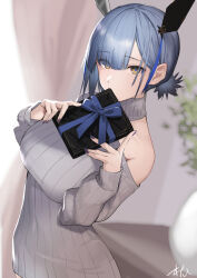 Rule 34 | 1girl, alternate costume, azur lane, bare shoulders, blue hair, blurry, blurry background, box, breasts, commentary request, gascogne (azur lane), gift, gift box, hair between eyes, hands up, highres, holding, holding box, indoors, large breasts, long sleeves, looking at viewer, nail polish, oregano (olgn eao), short hair, solo, sweater, turtleneck, turtleneck sweater, valentine, yellow eyes