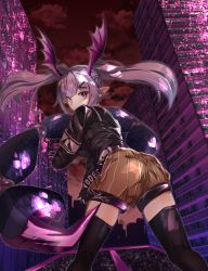 Rule 34 | 1girl, absurdres, arknights, armband, ass, back, bat wings, black jacket, black thighhighs, brown shorts, city, closed mouth, commentary, cowboy shot, eyelashes, female focus, floating hair, from behind, hair ornament, hairclip, head wings, highres, huge filesize, jacket, long hair, looking at viewer, looking back, manticore (arknights), manticore (elite ii) (arknights), mika uni, outdoors, pointy ears, purple eyes, purple hair, red sky, rhodes island logo (arknights), scorpion tail, shorts, sky, solo, standing, striped clothes, striped shorts, tail, thighhighs, thighs, twintails, vertical-striped clothes, vertical-striped shorts, wings, zettai ryouiki