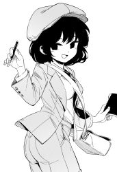 Rule 34 | 1girl, :d, bag, black hair, breasts, cabbie hat, calligraphy brush, cowboy shot, duplicate, forbidden scrollery, from side, greyscale, handbag, hat, holding, holding pen, jacket, long sleeves, looking at viewer, looking to the side, maguro (mawaru sushi), medium breasts, messenger bag, monochrome, necktie, notebook, open mouth, paintbrush, pants, pen, pixel-perfect duplicate, shameimaru aya, shameimaru aya (newsboy), short hair, shoulder bag, smile, solo, suit jacket, touhou