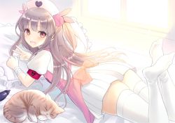 Rule 34 | 1girl, bed, bow, brown hair, cat, commentary request, eggplant, hat, indoors, kashiwaba en, long hair, looking at viewer, looking back, lying, md5 mismatch, natori sana, nurse cap, on bed, on stomach, pillow, puffy short sleeves, puffy sleeves, red eyes, resolution mismatch, sana channel, short sleeves, skirt, solo, source larger, thighhighs, thighs, two side up, virtual youtuber, white skirt, white thighhighs, window, zettai ryouiki