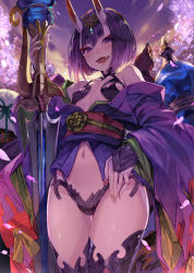 Rule 34 | 1girl, bare shoulders, blush, breasts, bridal gauntlets, cowboy shot, fangs, fate/grand order, fate (series), hair ornament, highres, horns, japanese clothes, kimono, looking at viewer, navel, obi, oni, open mouth, petals, purple eyes, purple hair, revealing clothes, sash, shirabi, shuten douji (fate), skin-covered horns, sky, small breasts, smile, solo, sword, thighhighs, thighs, weapon, yukata