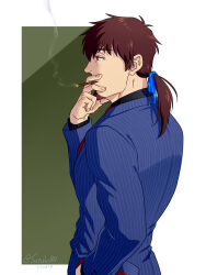Rule 34 | 1boy, blue jacket, blue ribbon, brown hair, cigarette, commentary, facial hair, fate/grand order, fate (series), fingernails, from side, goatee, hand in pocket, hector (fate), highres, jacket, long hair, long sleeves, looking ahead, male focus, mature male, ponytail, ribbon, smoke trail, smoking, solo, striped clothes, striped jacket, suzuki80, symbol-only commentary, twitter username, vertical-striped clothes, vertical-striped jacket